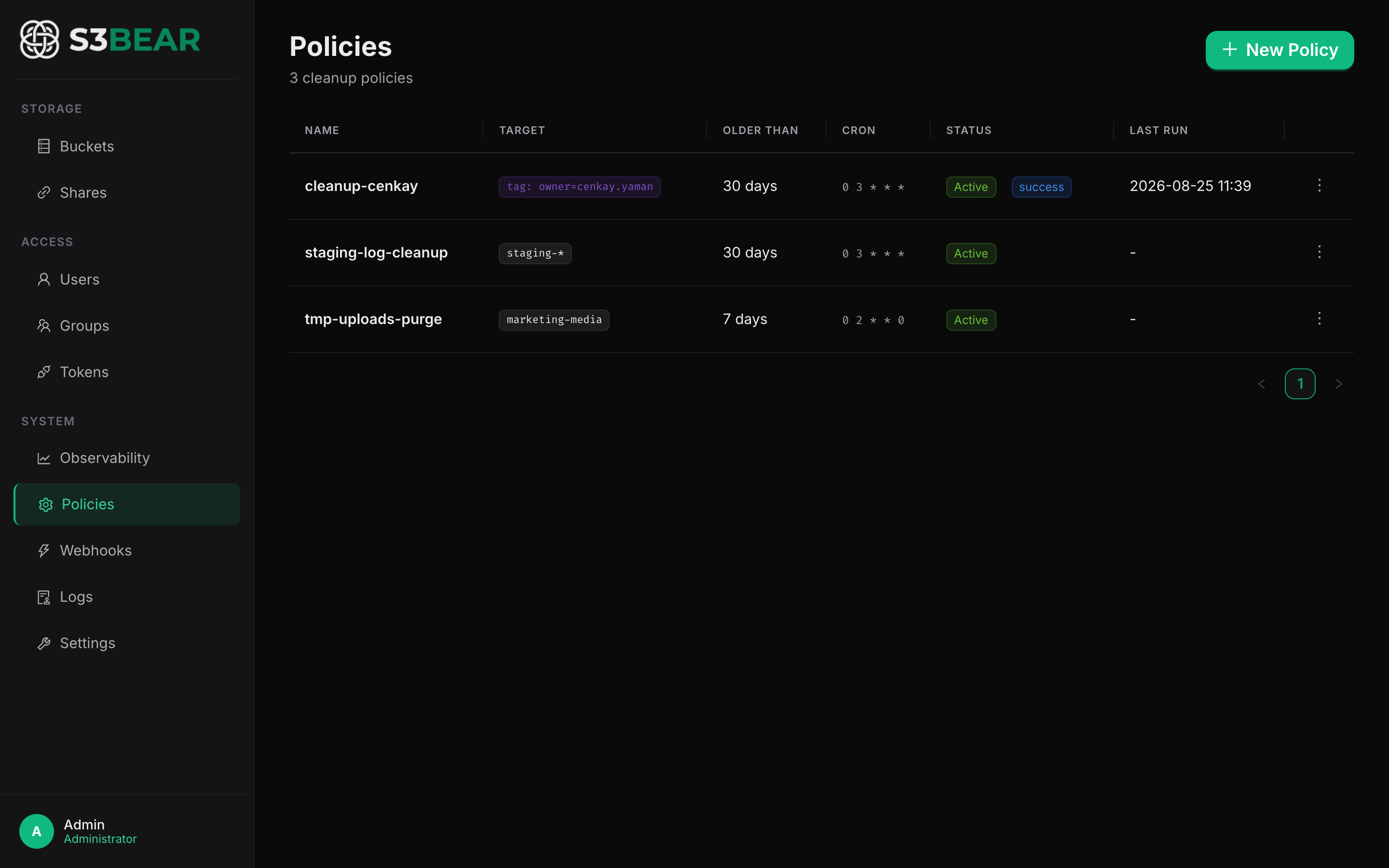Cleanup policies screen