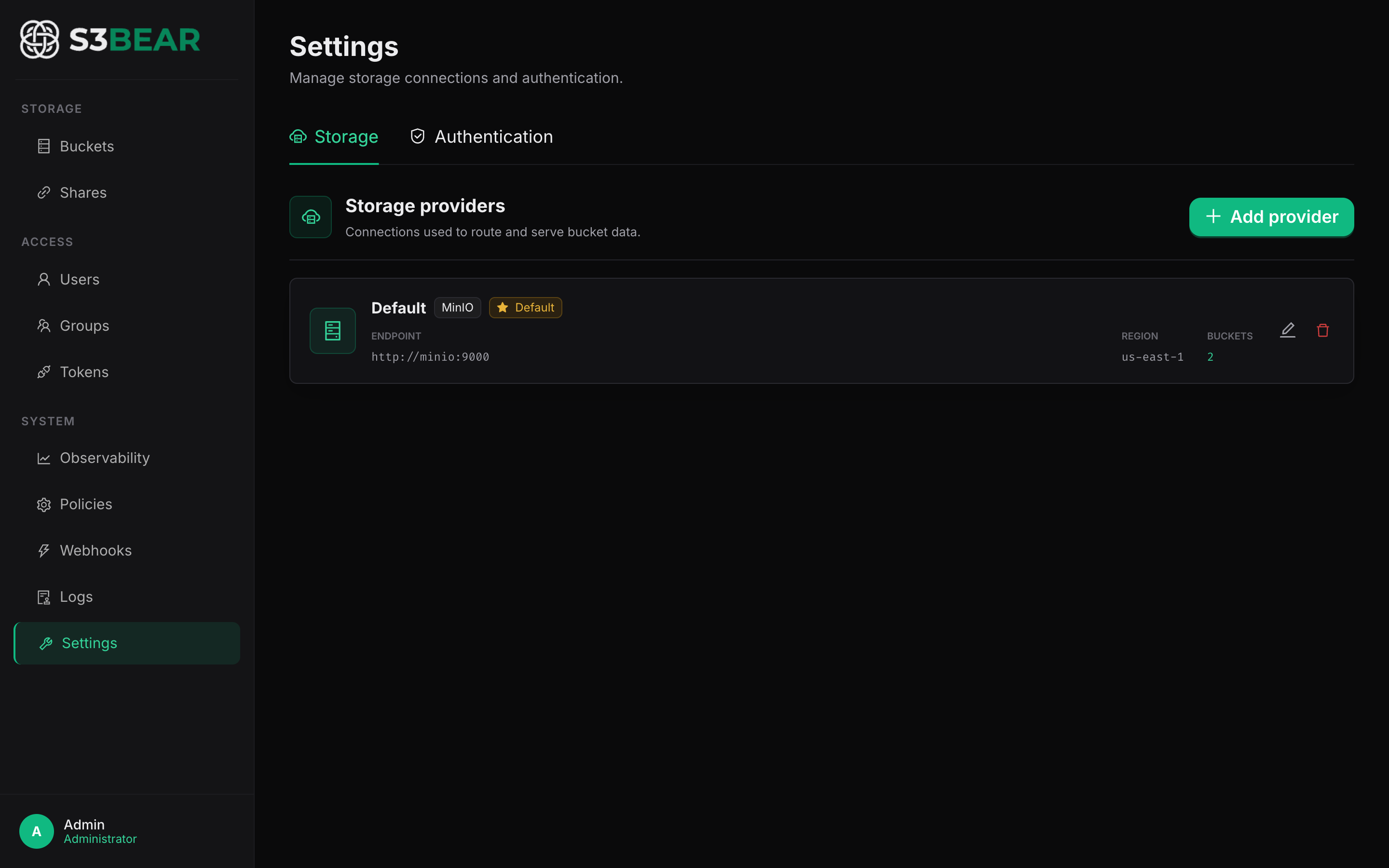 Storage settings screen